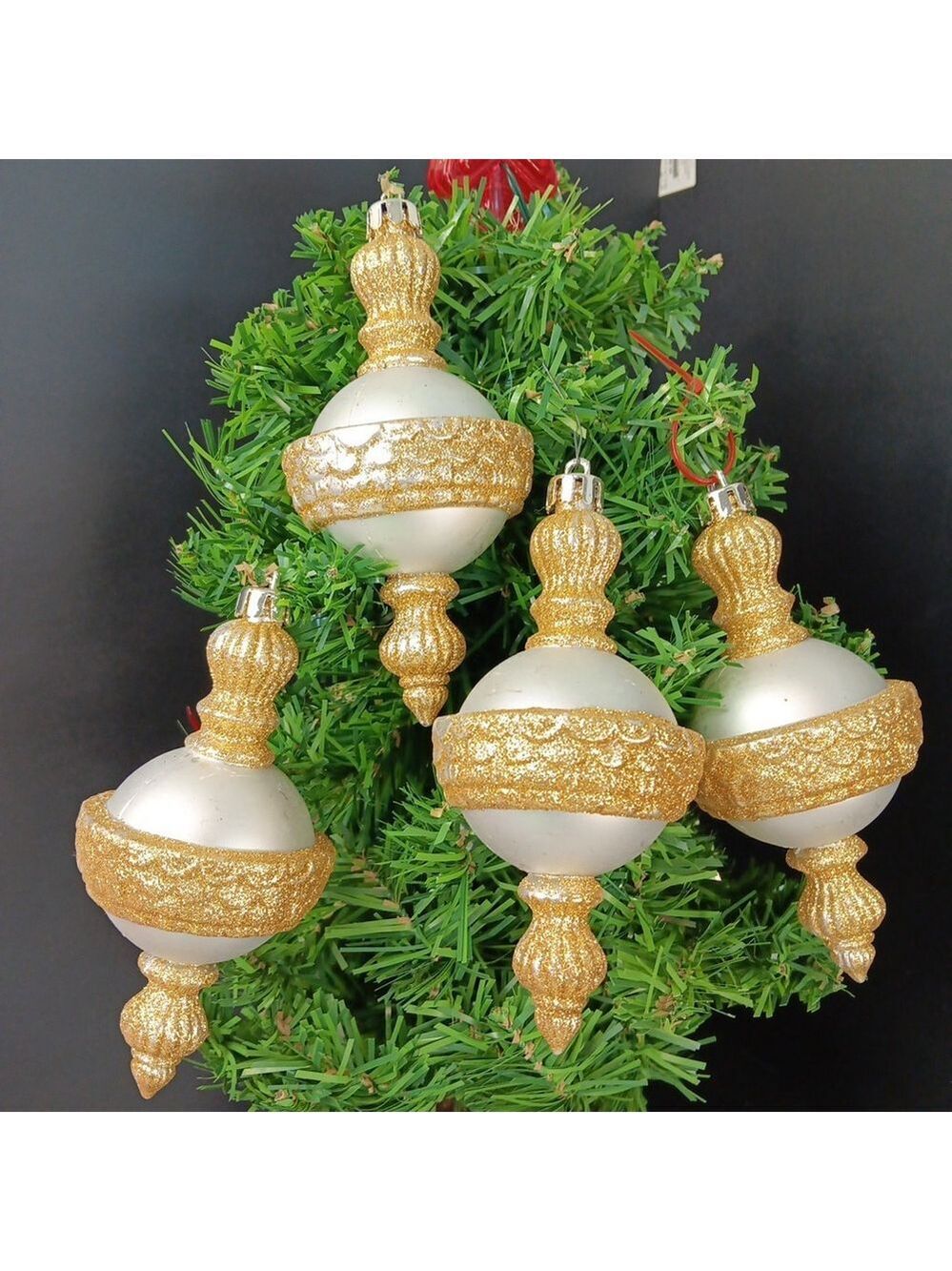 Gold Oblong Christmas Ornaments Set Of 4 Plastic Glitter 6 Inches Tall CN